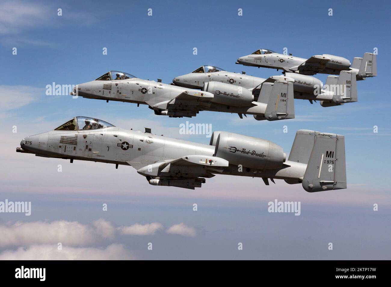 Four A-10 Thunderbolt II Fighter Jets on a training mission over Michigan. Stock Photo