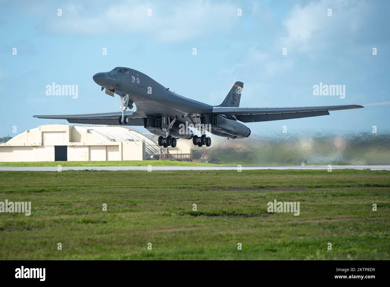 A U.S. Air Force B-1B Lancer assigned to the 37th Expeditionary Bomb Squadron, Ellsworth Air Force Base, South Dakota, takes off in support of a Bomber Task Force mission at Andersen AFB, Guam, Nov. 19, 2022. BTF missions are designed to showcase Pacific Air Force’s ability to deter, deny and dominate any influence or aggression from adversaries or competitors. (U.S. Air Force Photo by Senior Airman Yosselin Campos) Stock Photo
