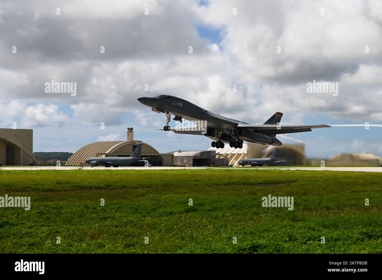 A U.S. Air Force B-1B Lancer assigned to the 37th Expeditionary Bomb Squadron, Ellsworth Air Force Base, South Dakota, takes off in support of a Bomber Task Force mission at Andersen AFB, Guam, Nov. 14, 2022.The U.S. Indo-Pacific Command’s force employment, military posture, and operations honor security commitments in the region by enabling rapid response  to any potential crisis or challenge in the Indo-Pacific. (U.S. Air Force photo by Airman 1st Class Allison Martin) Stock Photo