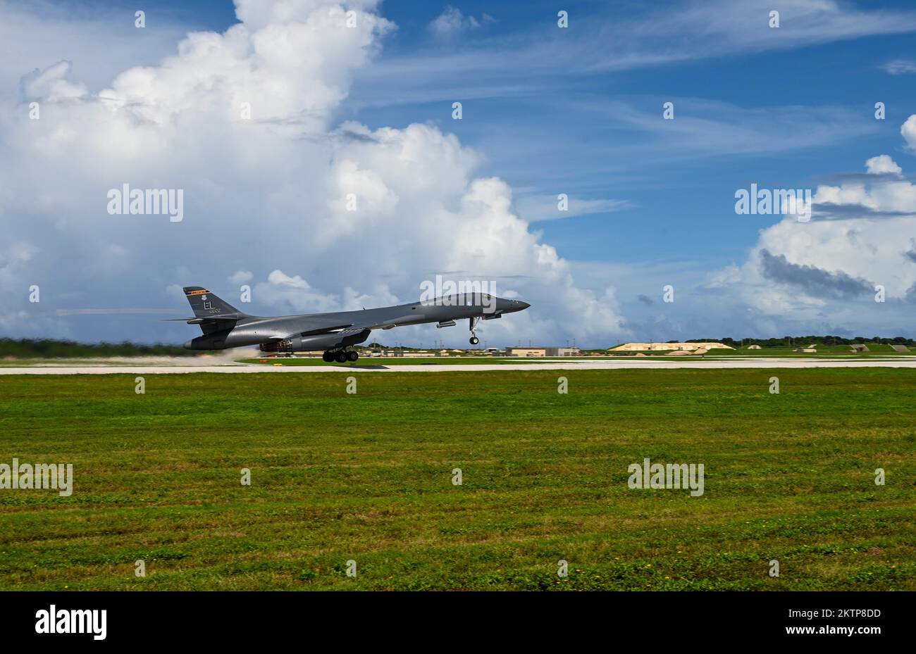 A U.S. Air Force B-1B Lancer assigned to the 37th Expeditionary Bomb Squadron, Ellsworth Air Force Base, South Dakota, takes off in support of a Bomber Task Force mission at Andersen AFB, Guam, Nov. 12, 2022. BTF missions are designed to showcase Pacific Air Force’s ability to deter, deny and dominate any influence or aggression from adversaries or competitors. (U.S. Air Force photo by Airman 1st Class Allison Martin) Stock Photo