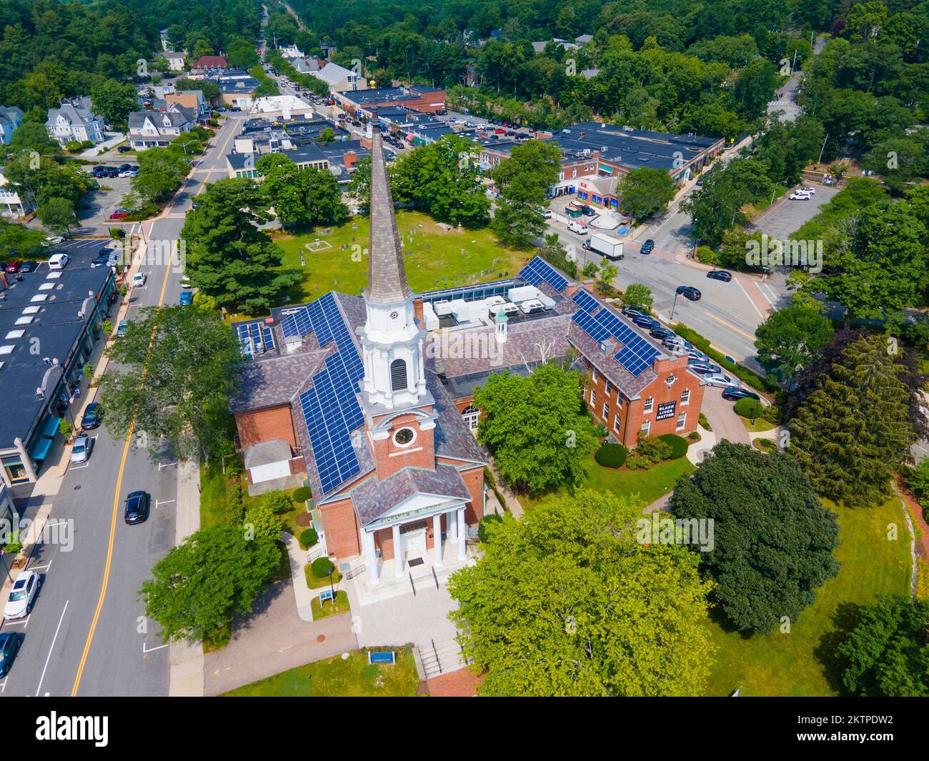 Aerial view of Wellesley Congregational Church and Central Street in