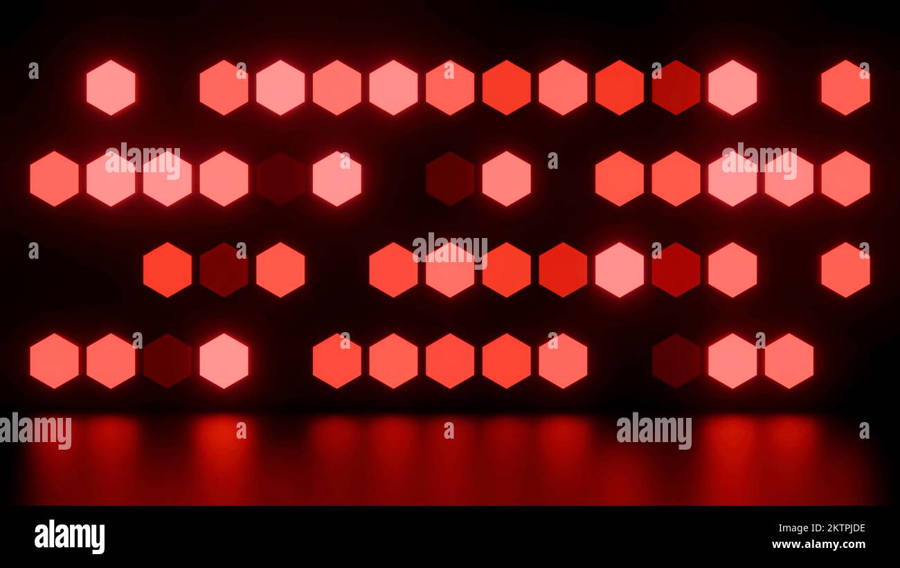 Abstract red stage lights flashing on a black background. Design. Hexagonal light bulbs blinking