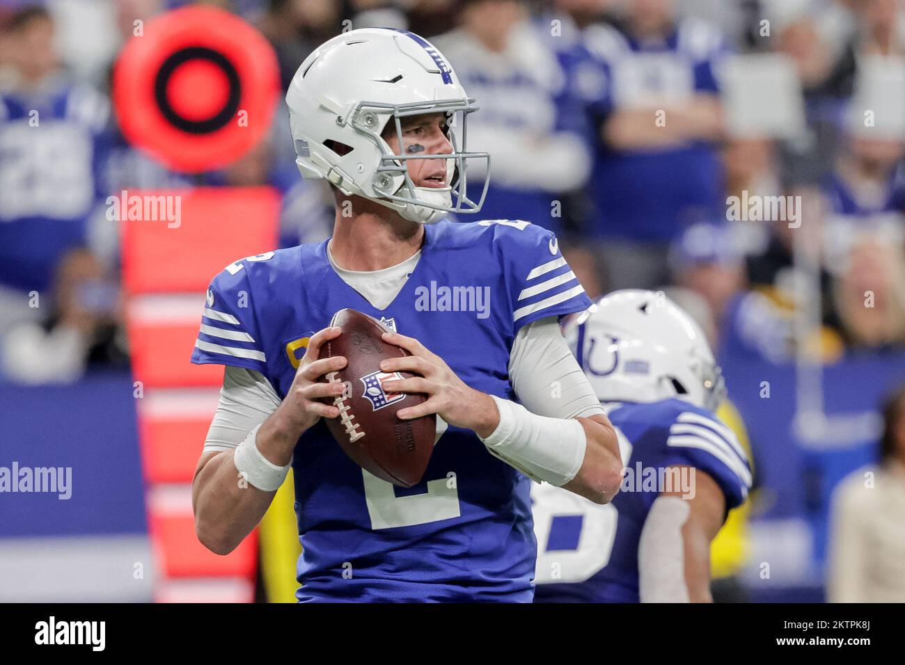 INDIANAPOLIS, IN - JANUARY 08: Indianapolis Colts quarterback Matt Ryan (2)  warms up before the game between the Houston Texans and the Indianapolis  Colts on January 8, 2023, at Lucas Oil Stadium