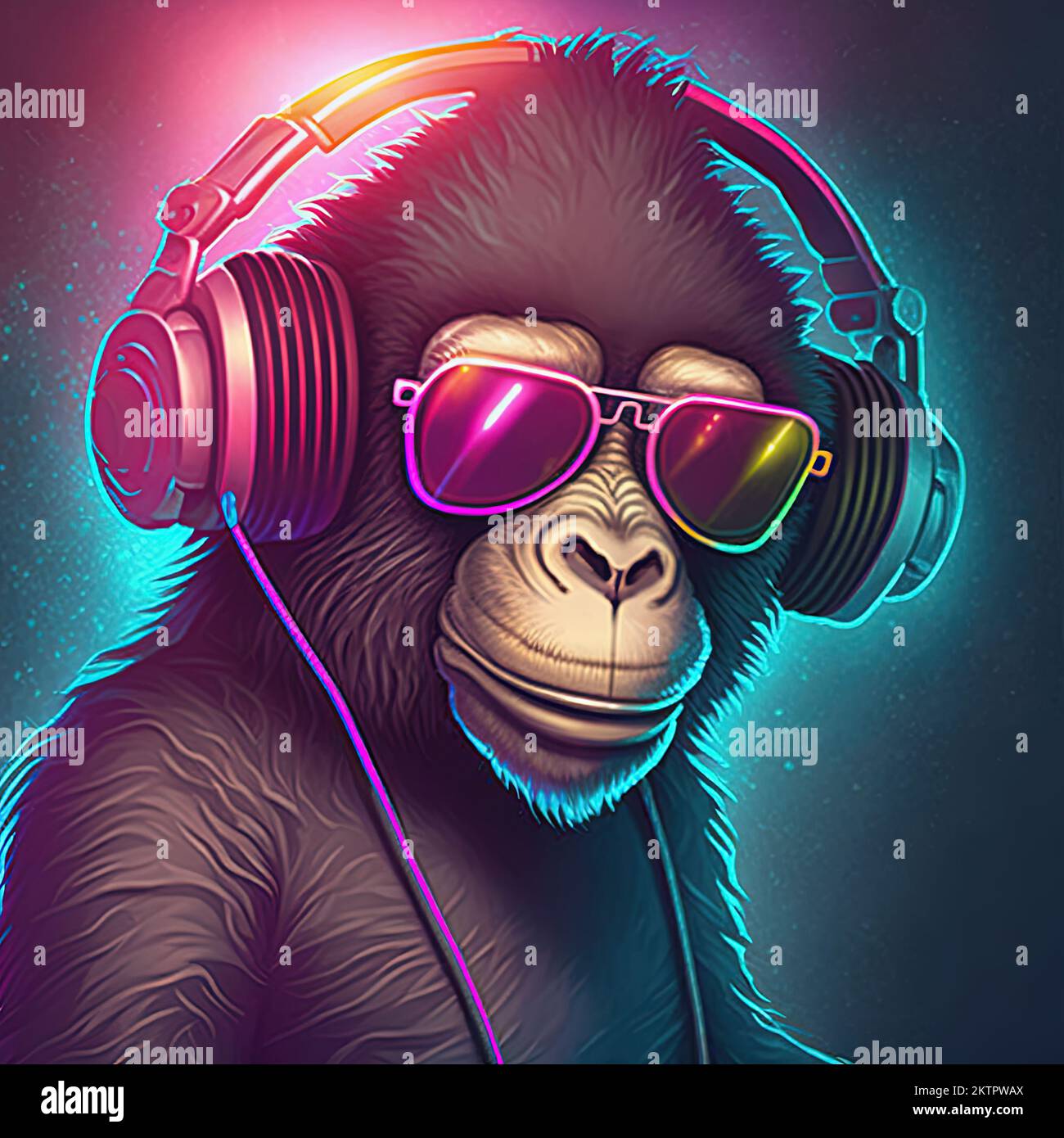Kostbaar optioneel impliciet Young DJ monkey, disc jockey monkey in cool sunglasses and headphones  listening music. Pop art style in neon colors. 3D illustration Stock Photo  - Alamy