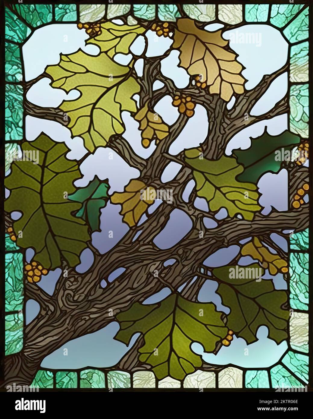 Stained glass style with oak leaves and acorns on tree branch