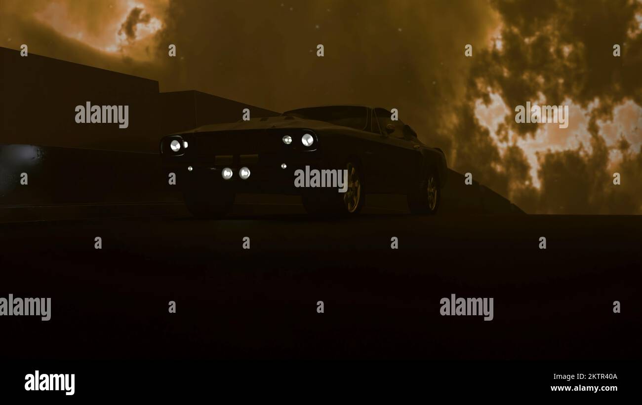 3D car driving on highway. Design. Retro car is driving along road in