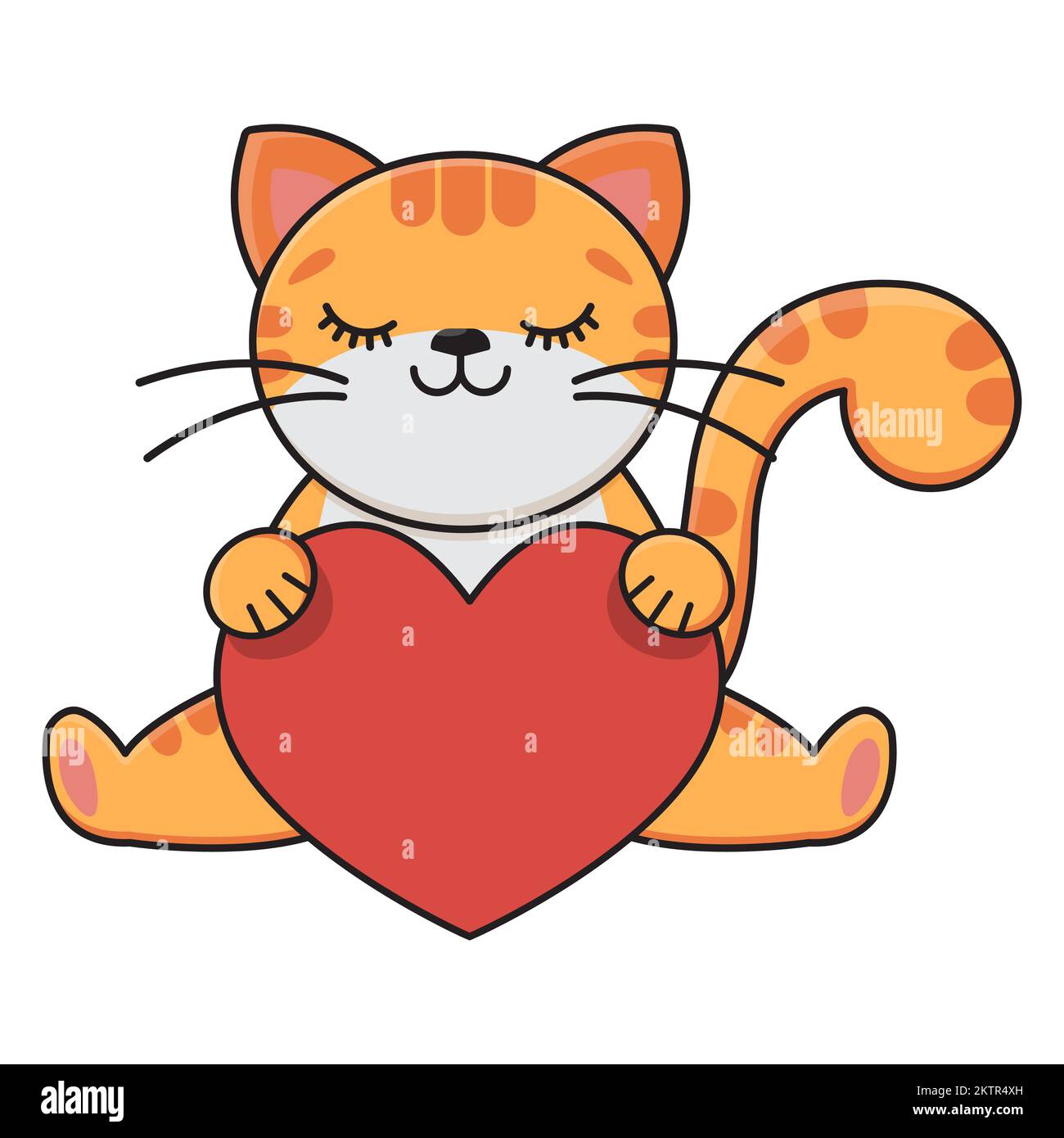 Cartoon red cat holding a red heart. Childrens print. Vector sticker