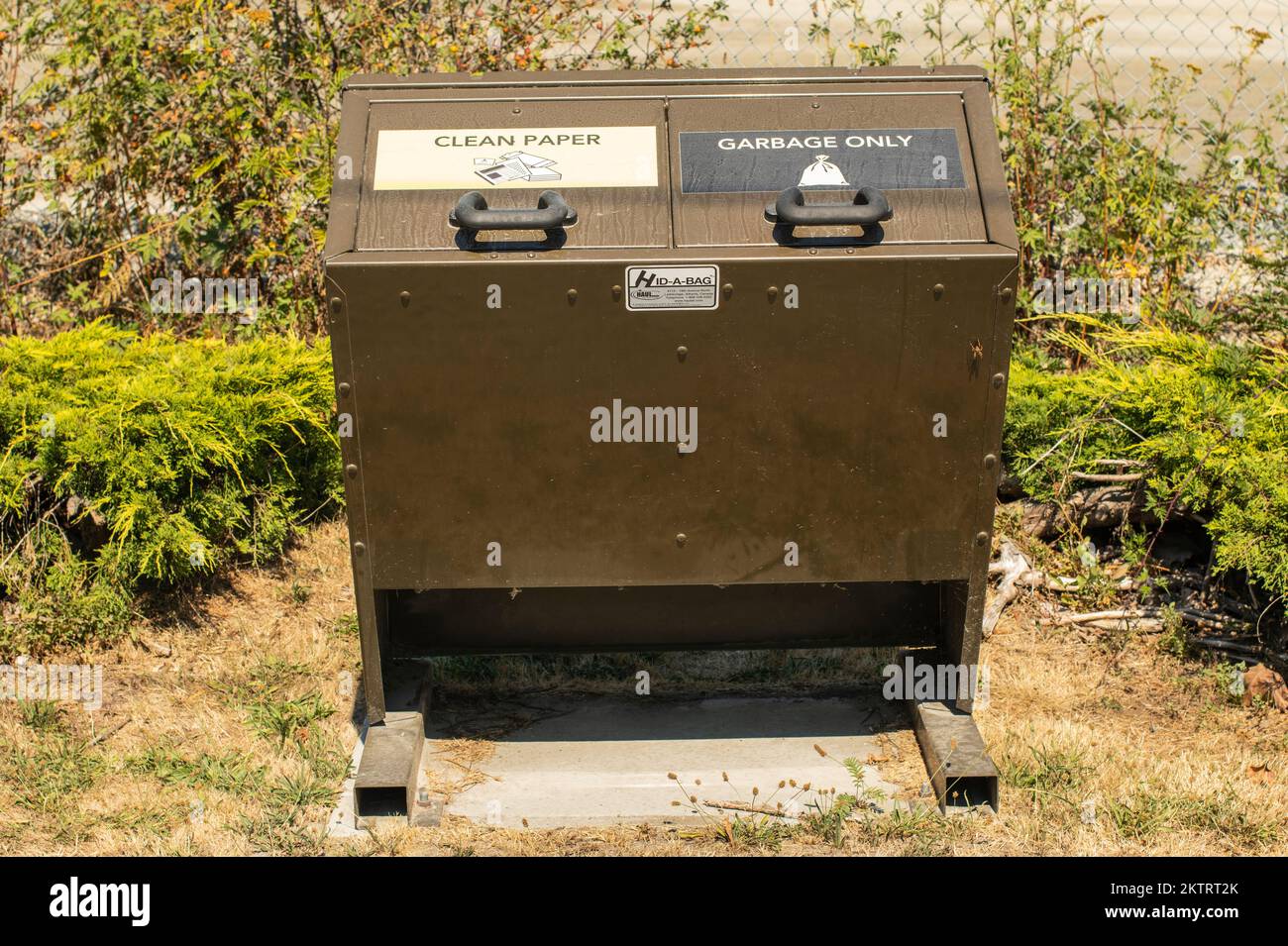 Garbage and recycling bins at Deas Island Regional Park in Delta