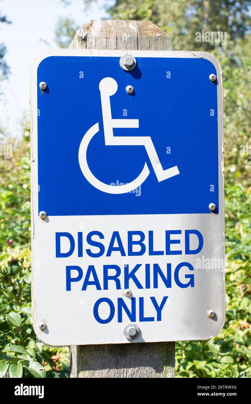 Disabled parking sign at Deas Island Regional Park in Delta, British Columbia, Canada Stock Photo
