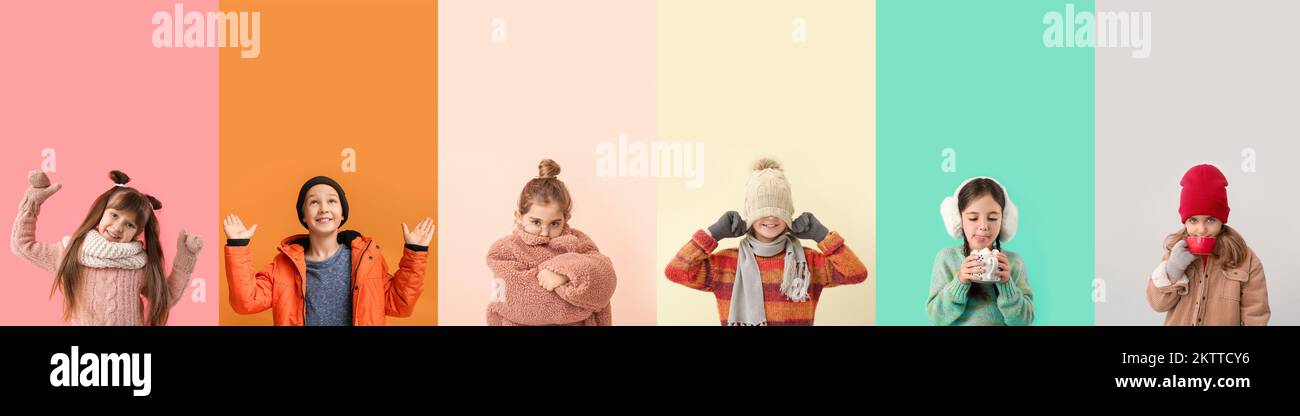 Group of cute little children in winter clothes on color background ...