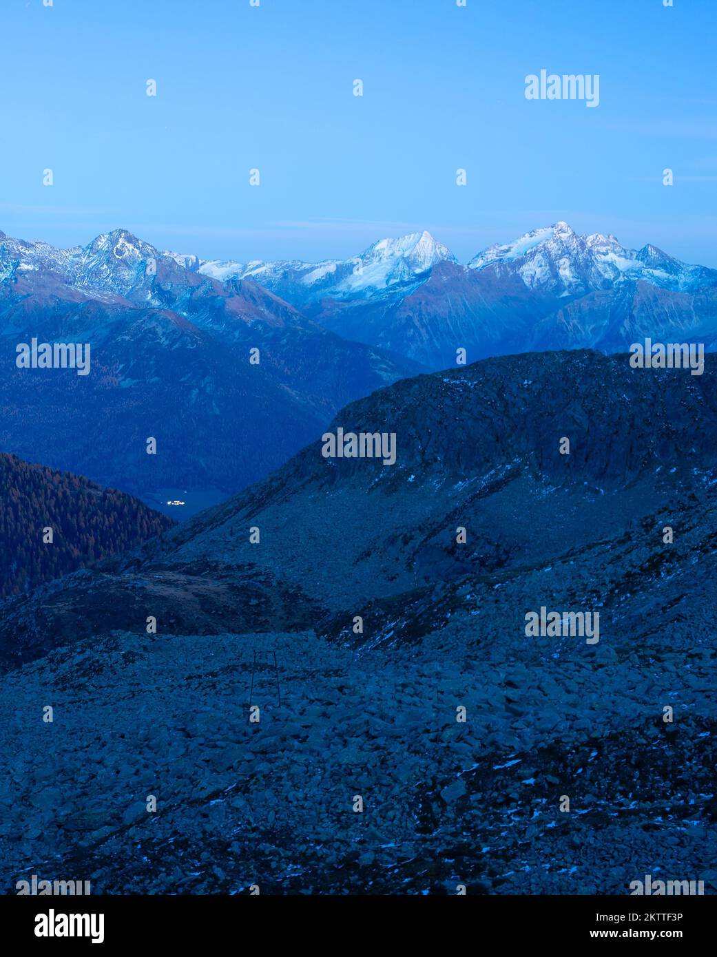 Dusk Alps landscape with mountain snowy peaks in background, Austria Stock Photo