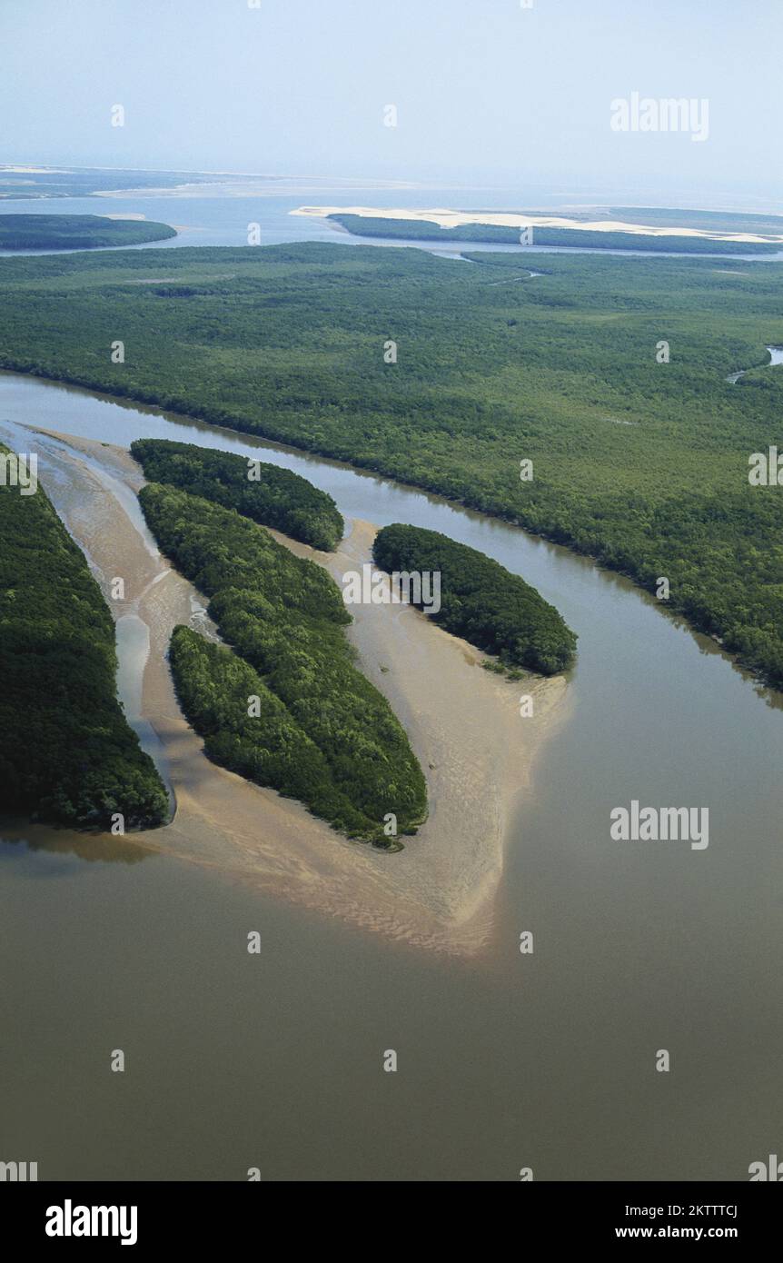 Aerial view of part of the delta of the Parnaiba River, showing islands with mangrove forests, in Maranhao, Brazil. Stock Photo