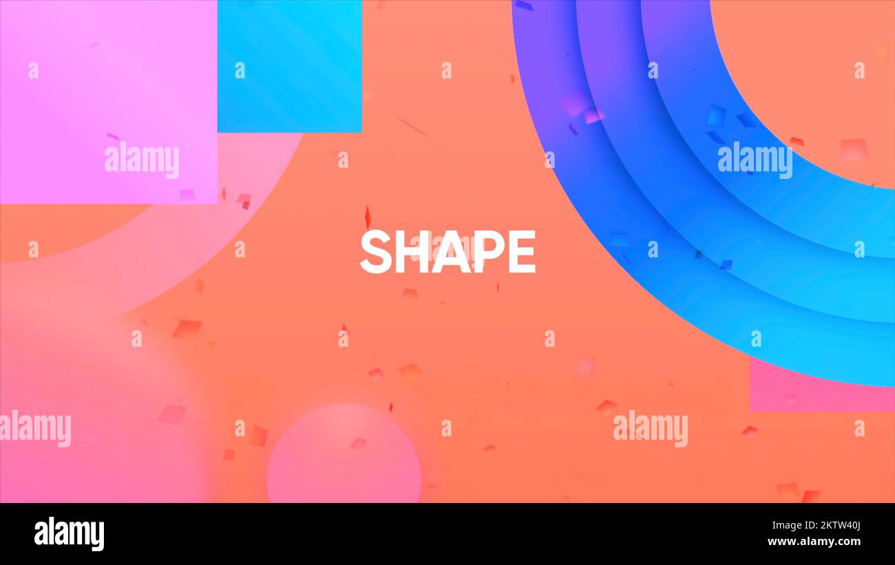 Pink and blue background. Motion.The inscription shape and the different geometric three d shapes appearing. High quality 4k footage Stock Photo