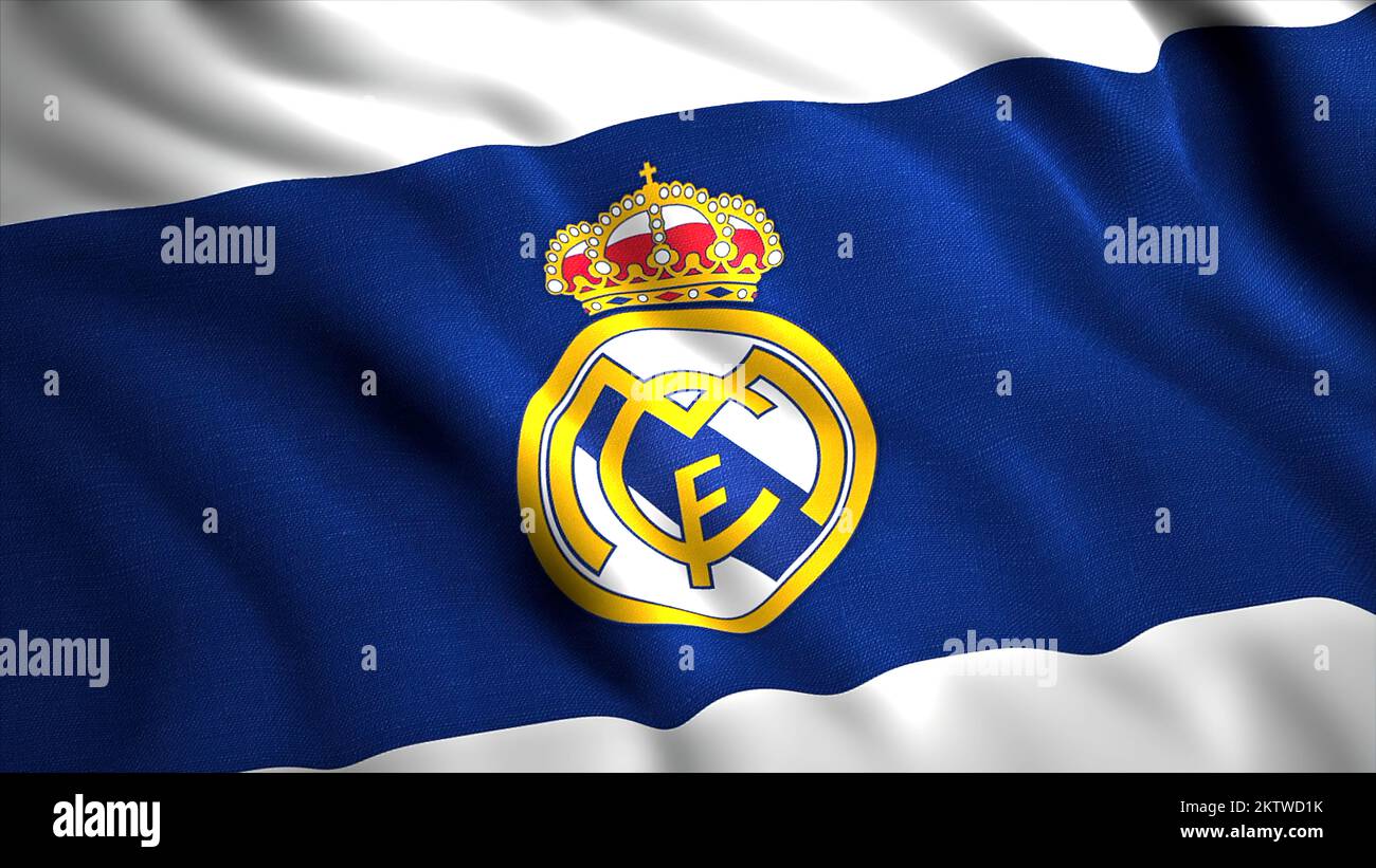 The blue flag is the Real Madrid team. Motion.The emblem is recognized by FIFA as the best football club of the twentieth century.Use only for editori Stock Photo