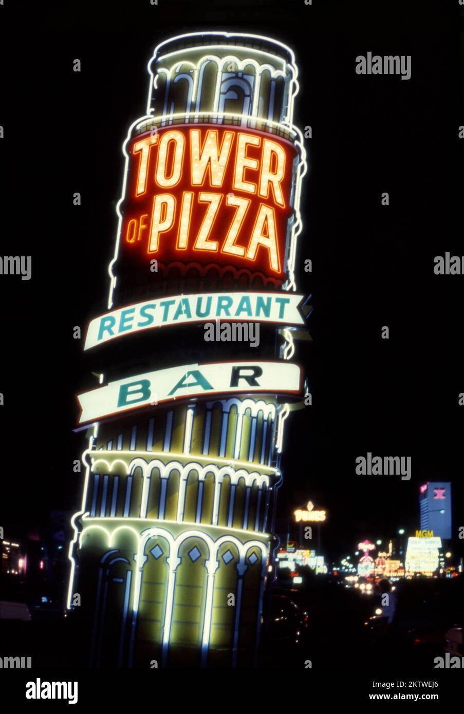 Neon sign for Tower of Pizza restaurant in Las Vegas, Nevada, circa 1970s. Stock Photo