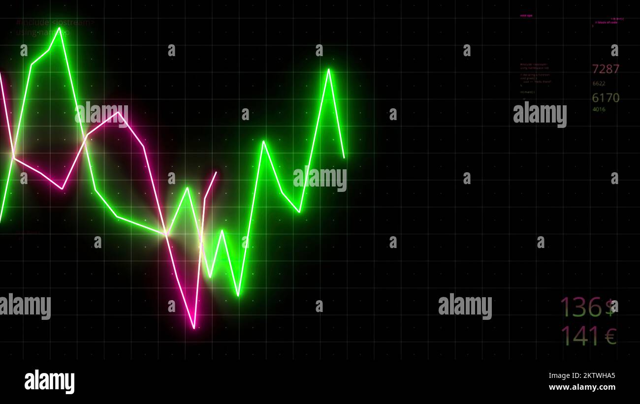 Neon chart moving up and down on digital computer screen with dark