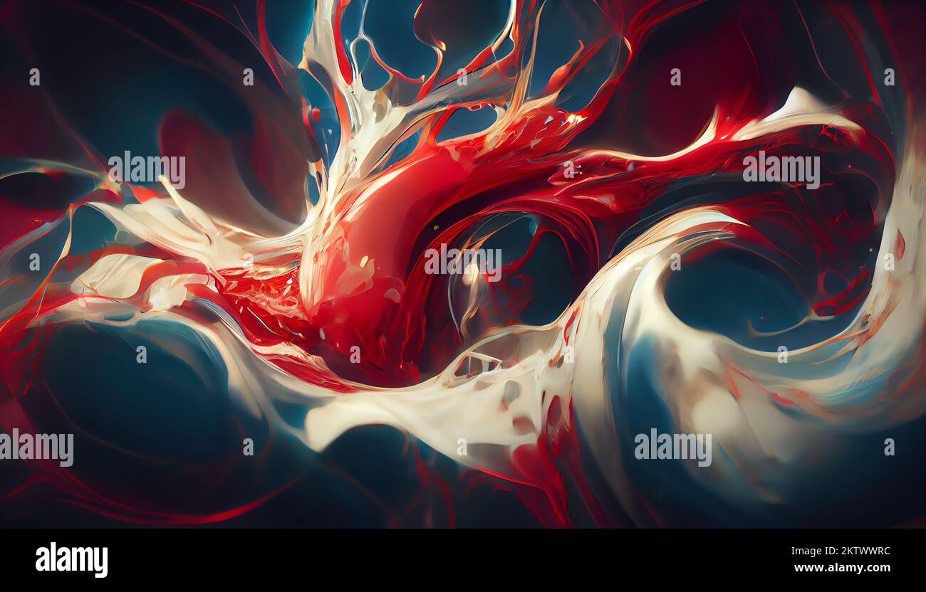 Abstract crimson and red paint splatter background. Fluid shapes, dynamic composition. Design element. Stock Photo