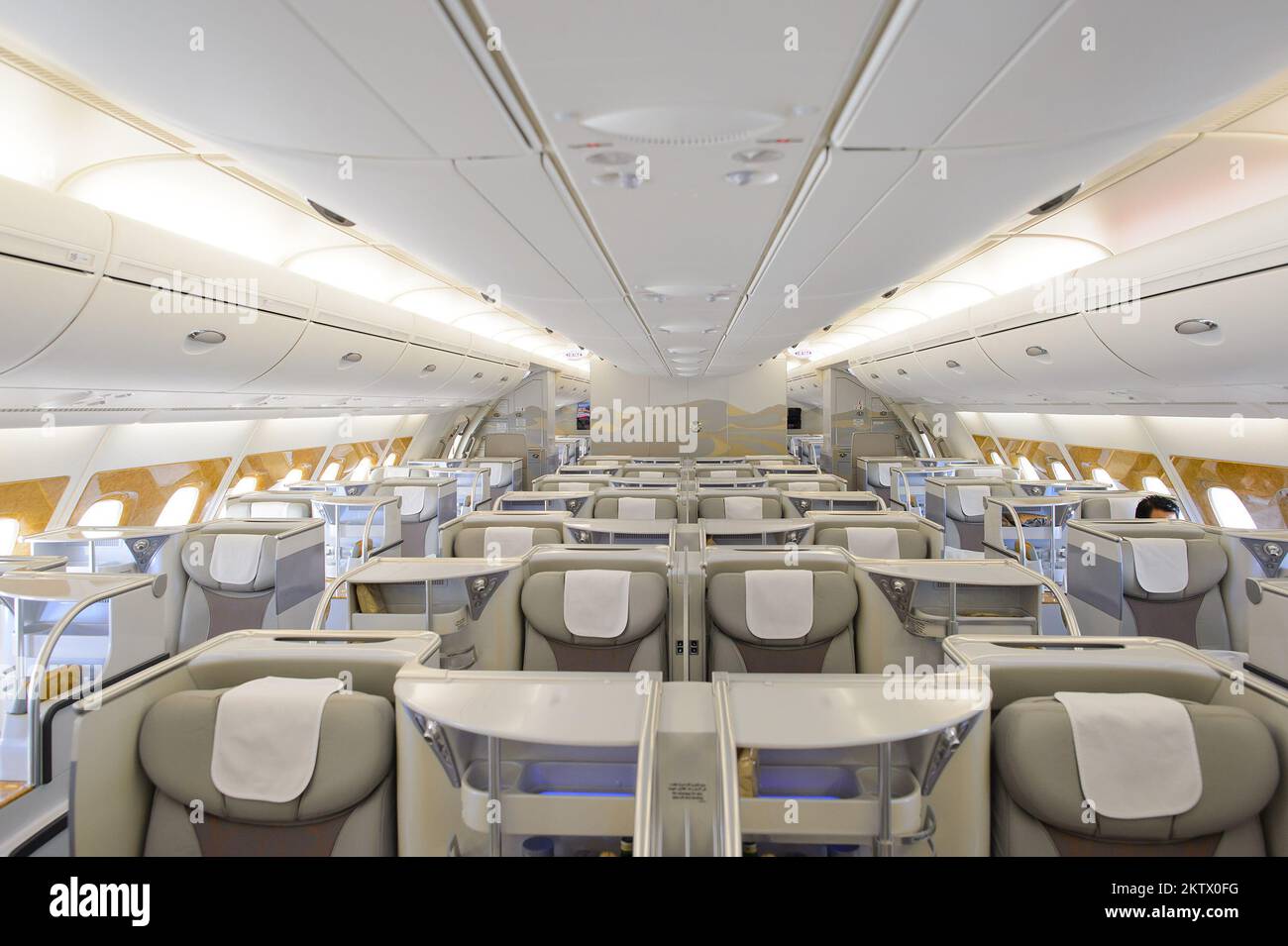 BANGKOK, THAILAND - MARCH 31, 2015: Emirates Airbus A380 business class interior. Emirates is one of two flag carriers of the United Arab Emirates alo Stock Photo