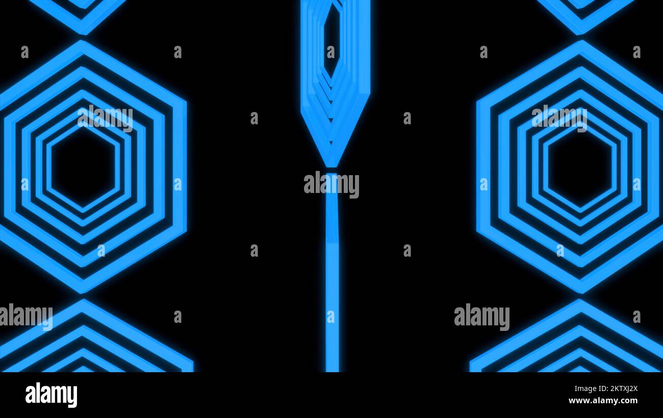 Abstract three vertical rows of blue hexagon silhouettes moving on a ...