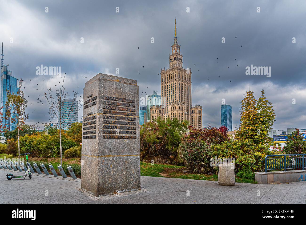 Warsaw.Stone of distance - located in the north-west at the intersection of  Avenue Jerozolomskie and Marszałkowska Street in Warsaw. Stock Photo