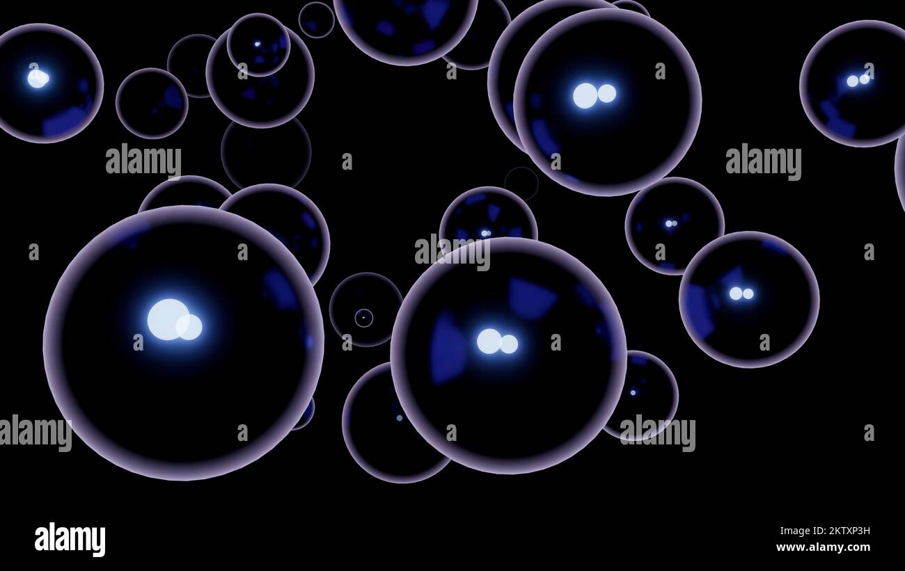 Abstract flying bubble silhouettes on a black background. Design. Flying spheres in abstract