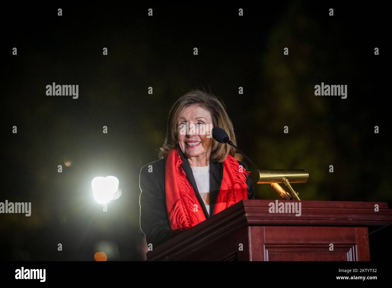 Speaker of the United States House of Representatives Nancy Pelosi (Democrat of California) offers remarks during the lighting of the Capitol Christmas Tree at the US Capitol in Washington, DC, Tuesday, November 29, 2022. Credit: Rod Lamkey/CNP Stock Photo