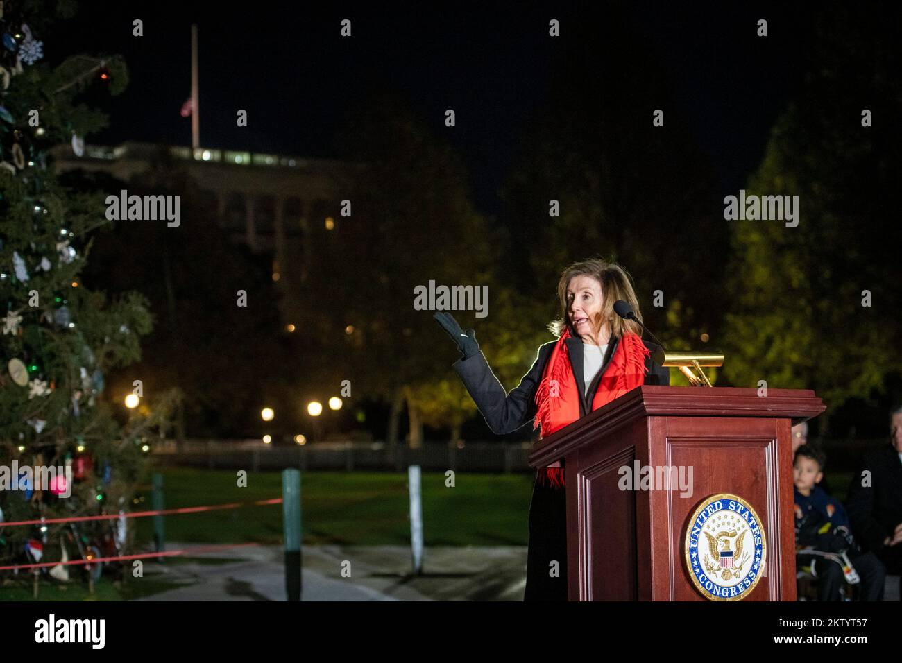 Speaker of the United States House of Representatives Nancy Pelosi (Democrat of California) offers remarks during the lighting of the Capitol Christmas Tree at the US Capitol in Washington, DC, Tuesday, November 29, 2022. Credit: Rod Lamkey/CNP Stock Photo