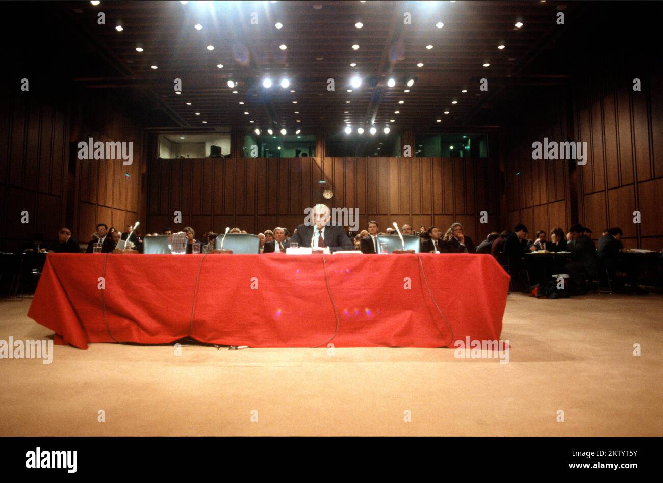 R. James Woolsey Jr. testifies before the United States Senate Select Committee on Intelligence on his nomination as US Director of Central Intelligence on Capitol Hill in Washington, DC on February 2, 1993. Credit: Ron Sachs/CNP Stock Photo
