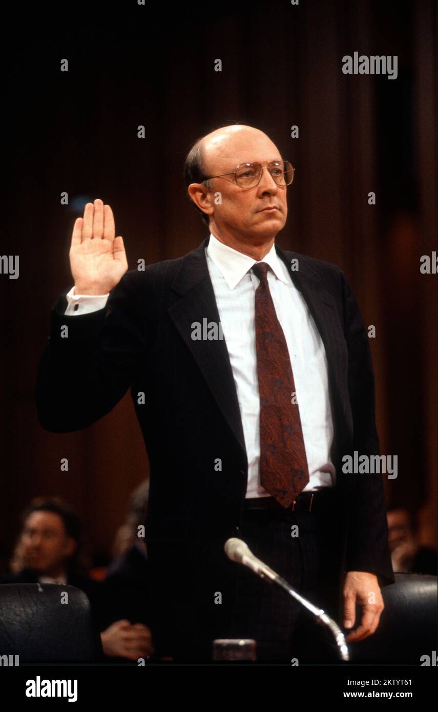 R. James Woolsey Jr. is sworn-in to testify before the United States Senate Select Committee on Intelligence on his nomination as US Director of Central Intelligence on Capitol Hill in Washington, DC on February 2, 1993. Credit: Ron Sachs/CNP Stock Photo