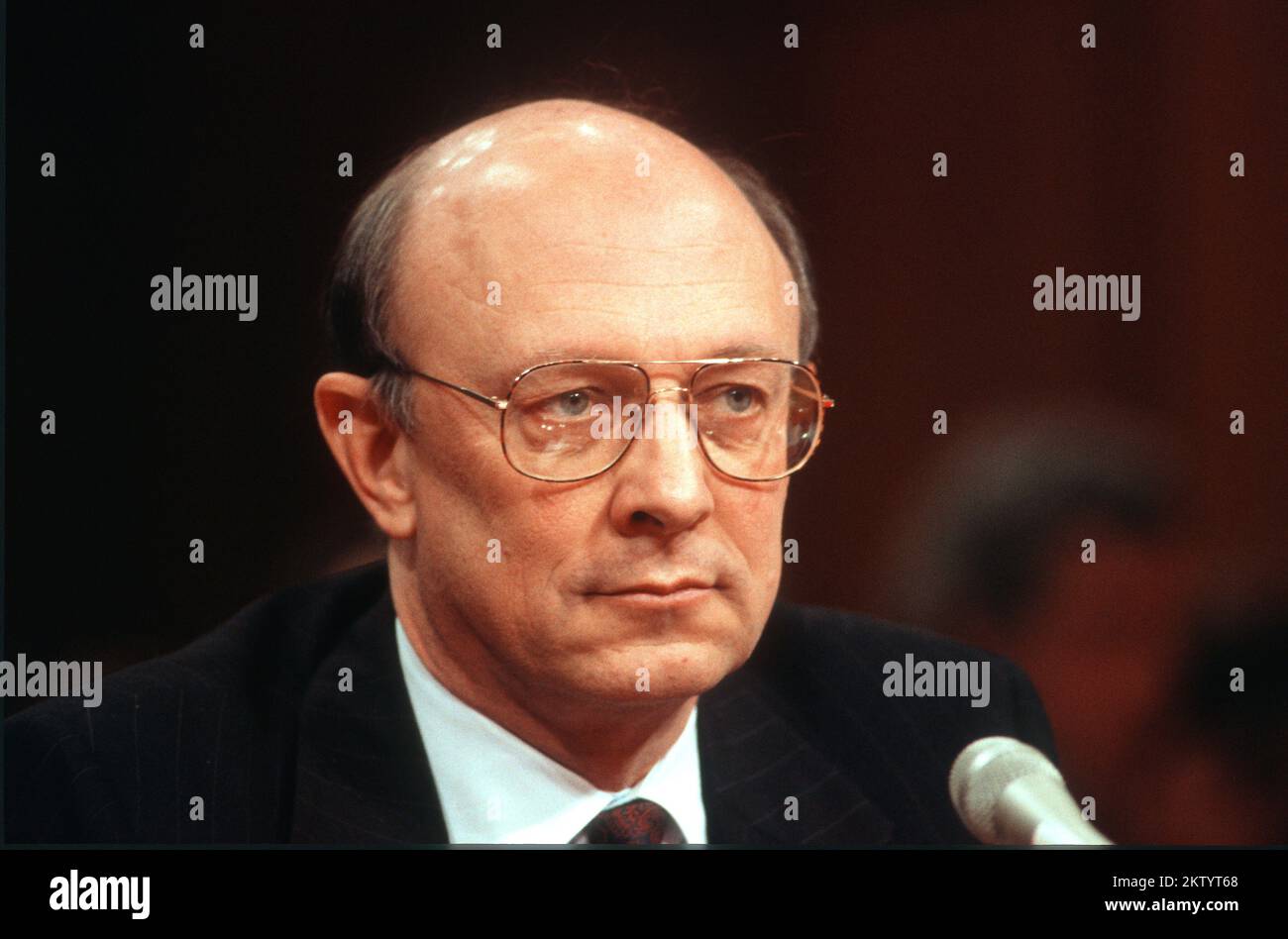 R. James Woolsey Jr. testifies before the United States Senate Select Committee on Intelligence on his nomination as US Director of Central Intelligence on Capitol Hill in Washington, DC on February 2, 1993. Credit: Ron Sachs/CNP Stock Photo