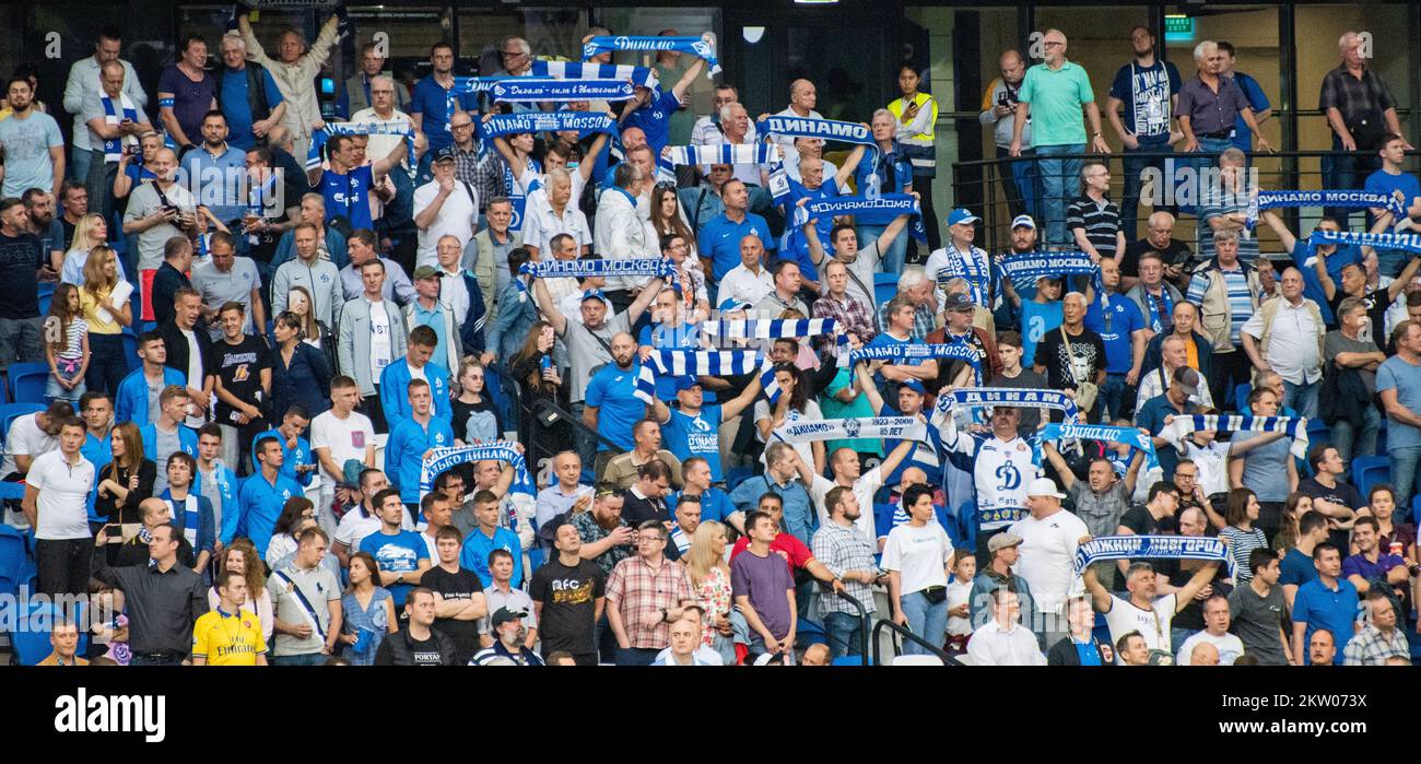 July 26, 2019, Moscow, Russia. Fans of the Dynamo Moscow football club on the spectator stand before the start of the match. Stock Photo