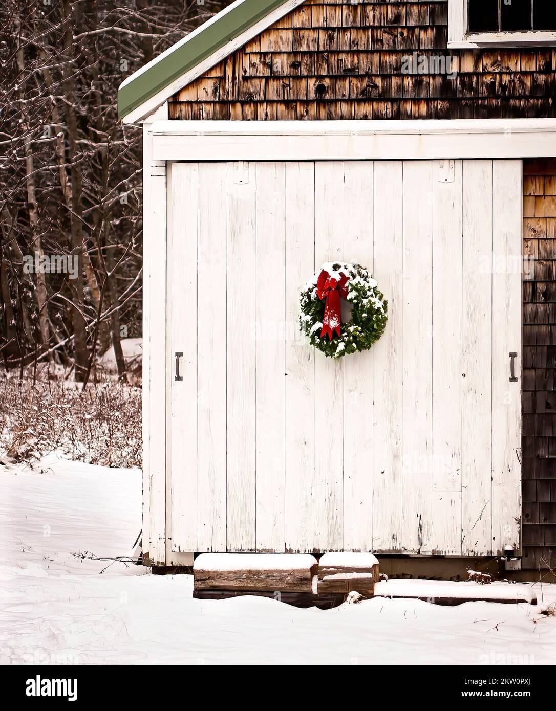 Snow-covered pine needle wreath and red bow on weathered, whitewashed wood door of small barn. Rustic, rural, subdued, traditional country Christmas. Stock Photo