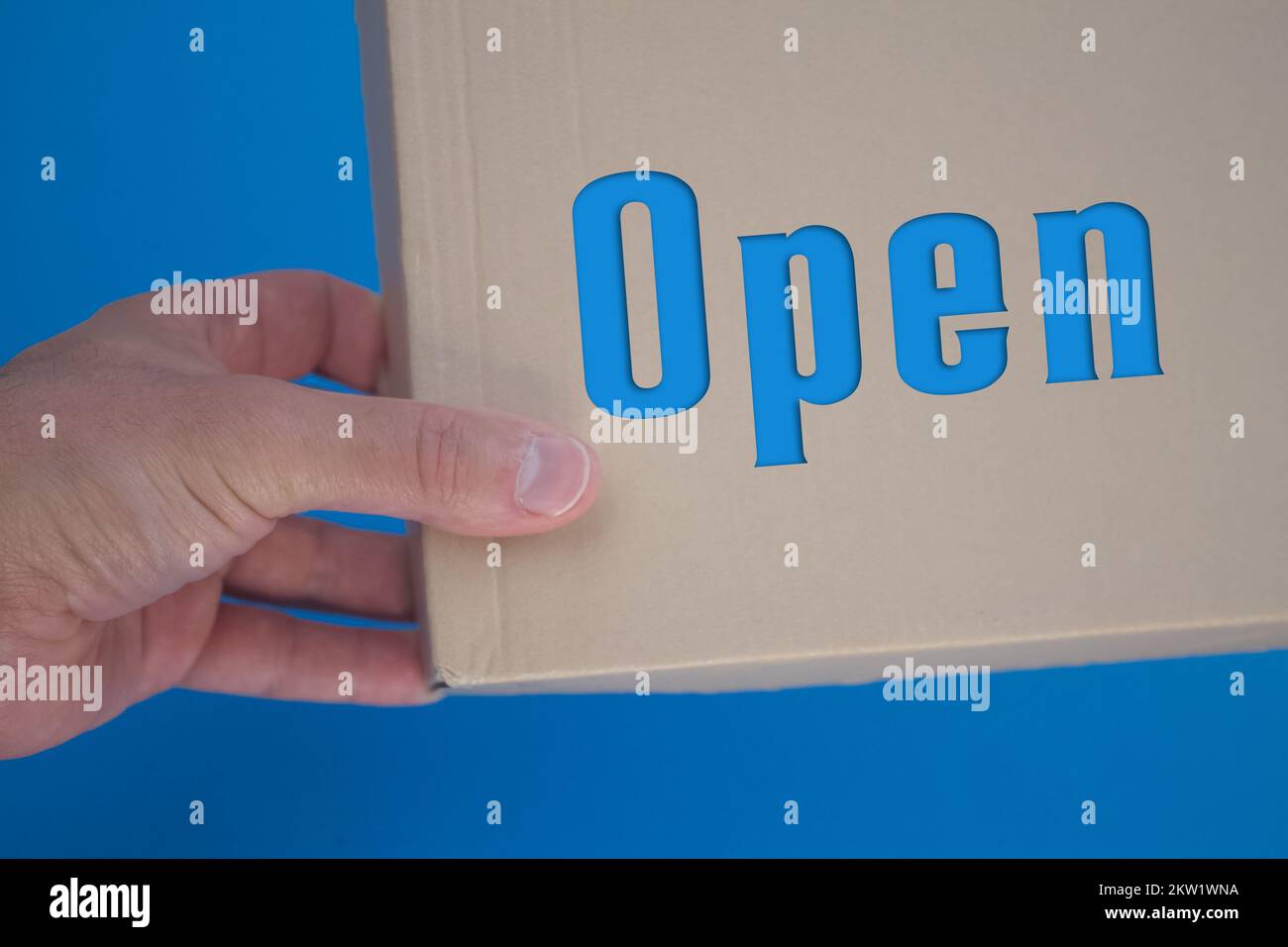 Open word with cardboard box. Brown folded card box Stock Photo Alamy