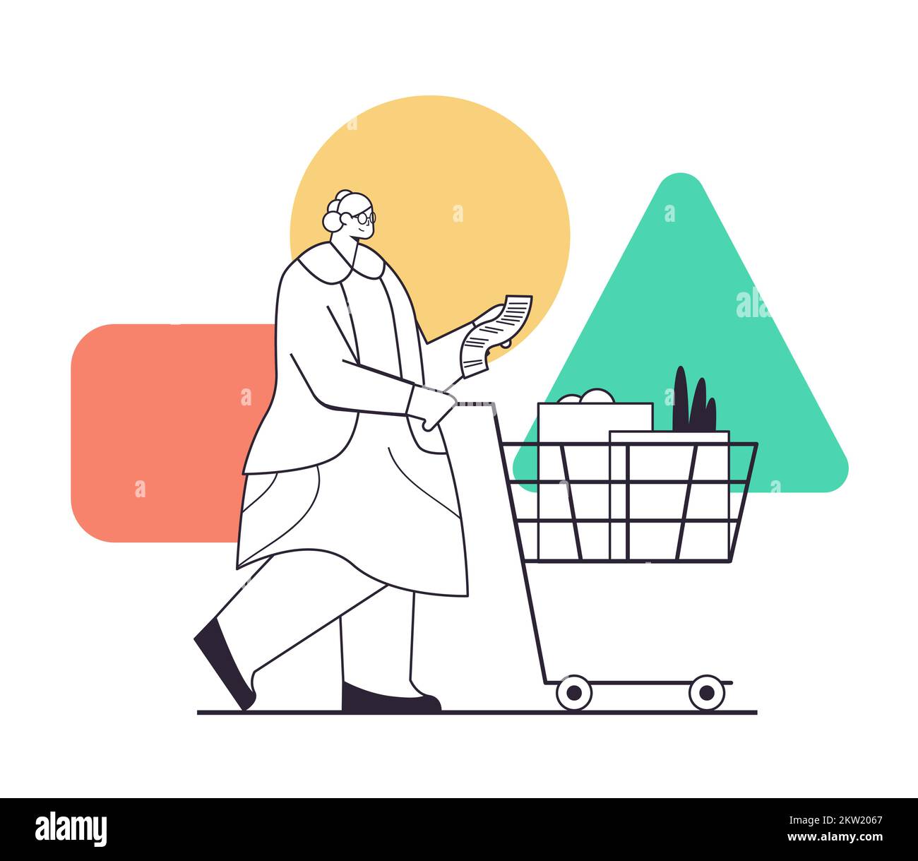 senior woman with full of products trolley cart checking shopping list