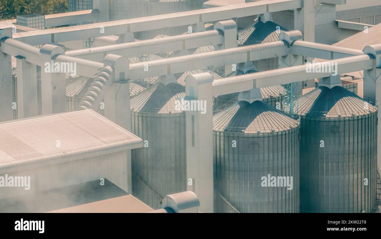 Animal feed factory. Agricultural silo at feed mill factory. Tank for