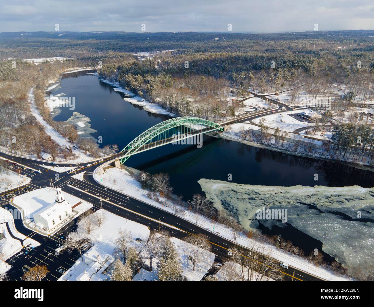 Merrimack River and Tyngsborough Bridge aerial view in winter in town