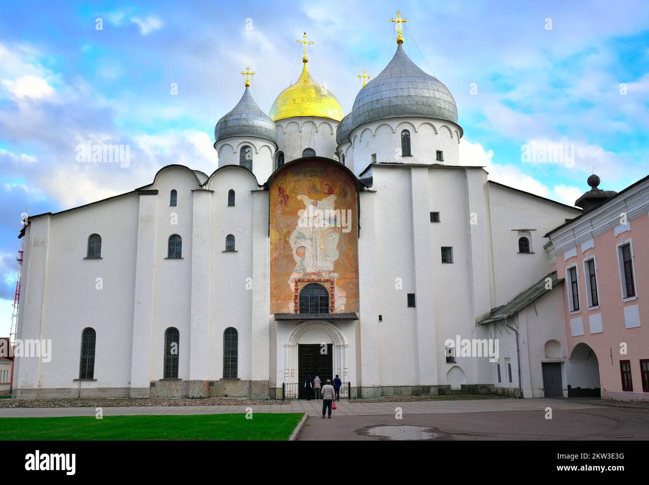 Veliky Novgorod, Russia, 09.26.2022. Monuments of the old Kremlin. The facade of St. Sophia Cathedral, a monument of ancient Russian architecture of t Stock Photo