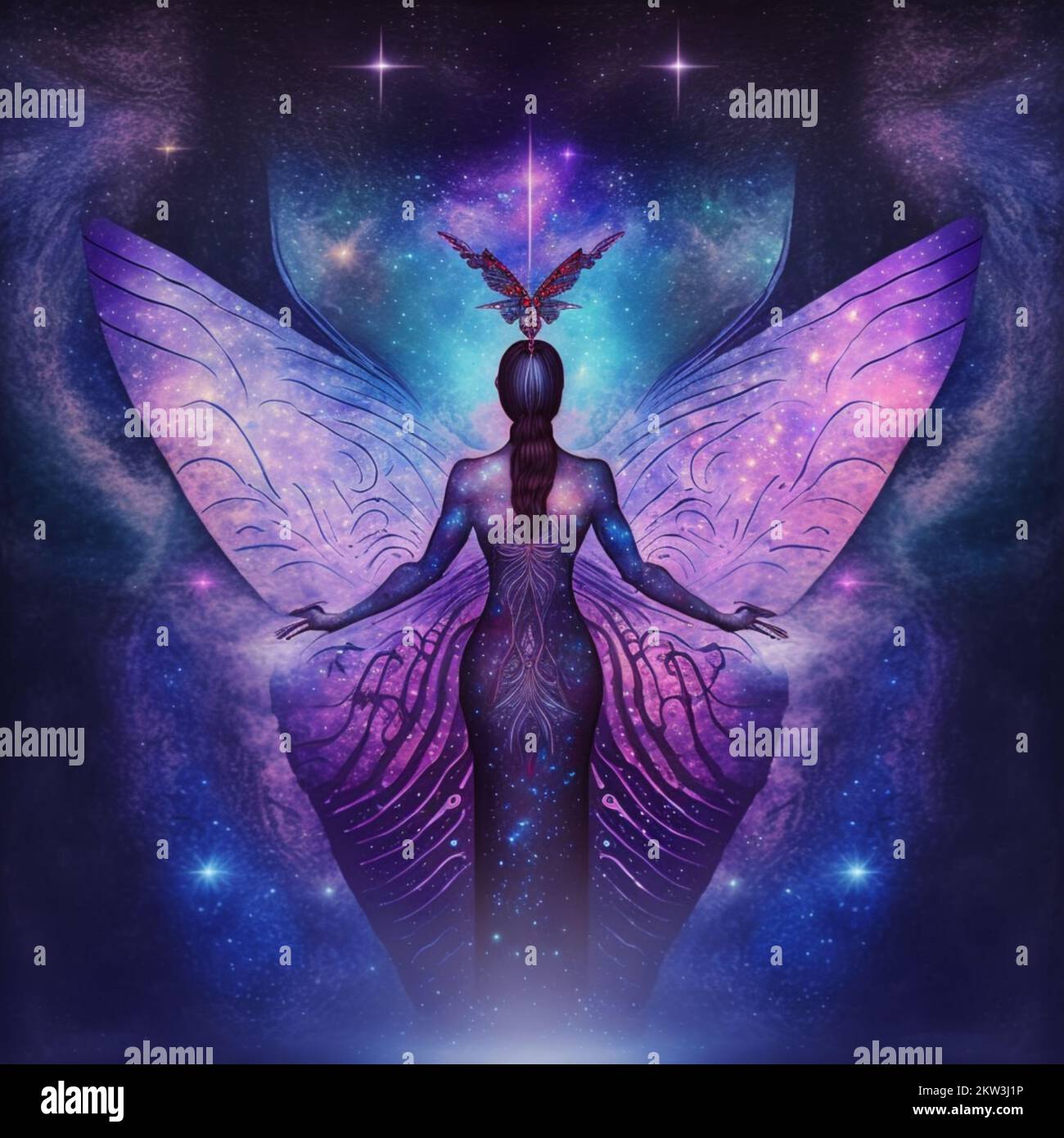 Fairy Silhouttes against a background of stars, butterfly wings with branching filigree Stock Photo
