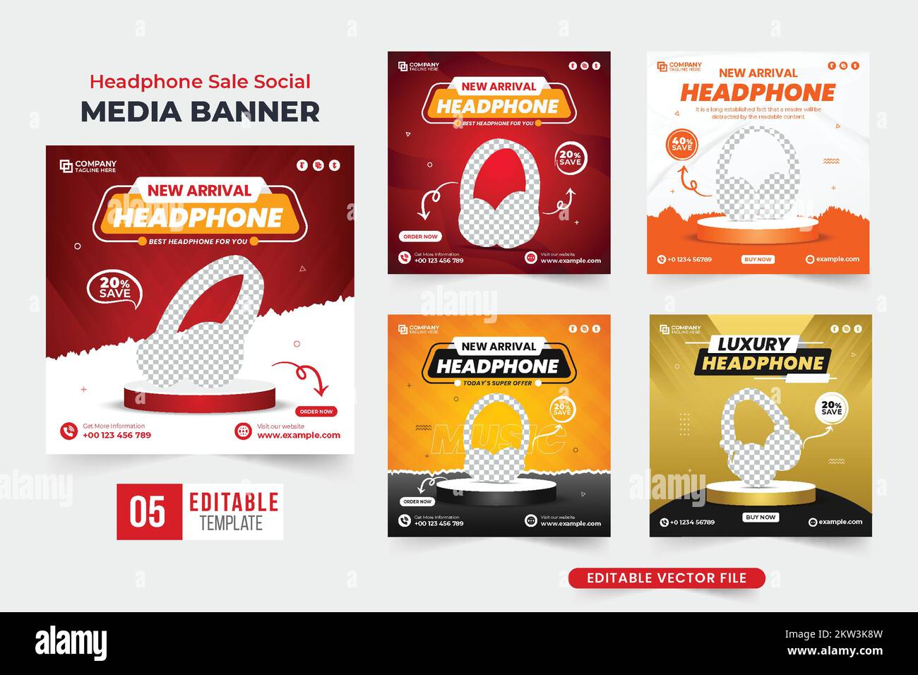 Modern headphone sale social media post collection with red and dark