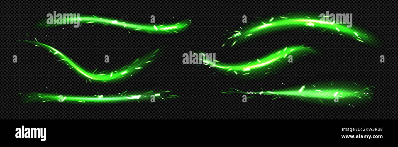 Abstract neon light lines with sparkles isolated on transparent background. Vector realistic set of magic green glow streaks, horizontal energy flare with sparks Stock Vector