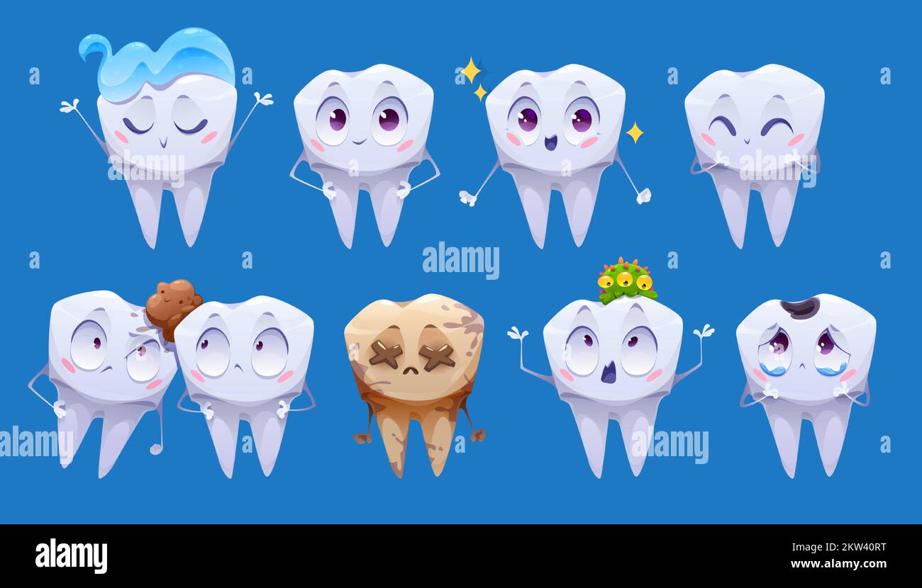 Teeth cartoon characters, clean and dirty tooth personages. Dental whitening and clearing oral cavity, enamel caries, health care, stone, toothpaste isolated on blue background, Vector illustration Stock Vector
