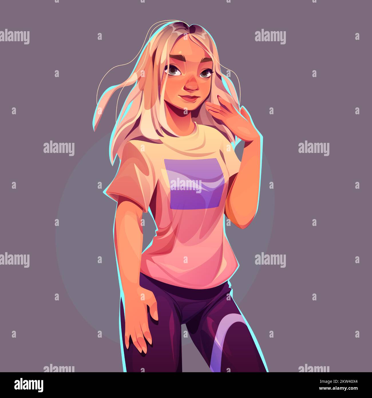 Young blonde woman in sportswear isolated on background. Female fashion model, beautiful attractive slim girl in t-shirt and pants. Standing pretty lady portrait, vector cartoon illustration Stock Vector