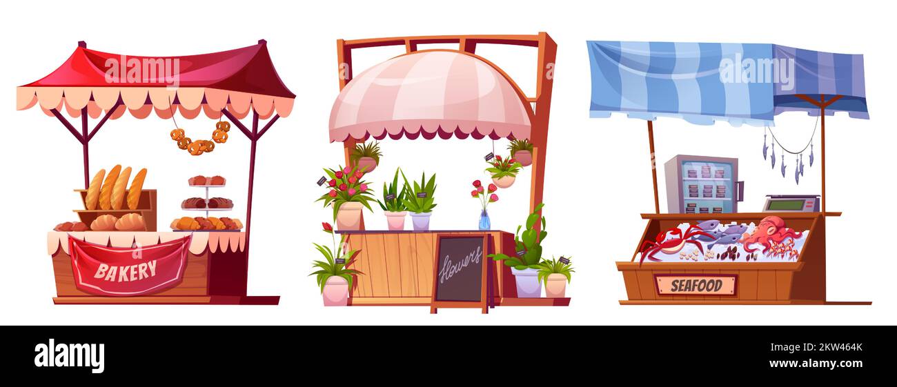 Market stalls with flowers, bakery and seafood. Grocery and plants wooden kiosks with tents, traditional marketplace stands isolated on white background, vector cartoon illustration Stock Vector