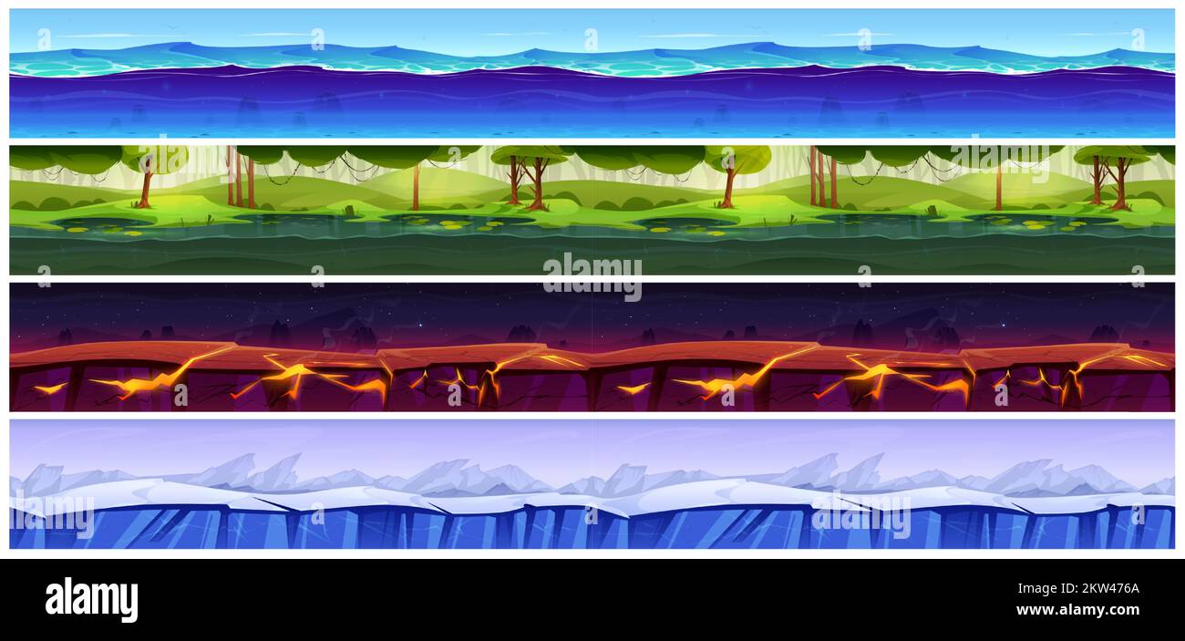 Seamless ground textures of game levels. Horizontal landscapes of summer forest with swamp, ice