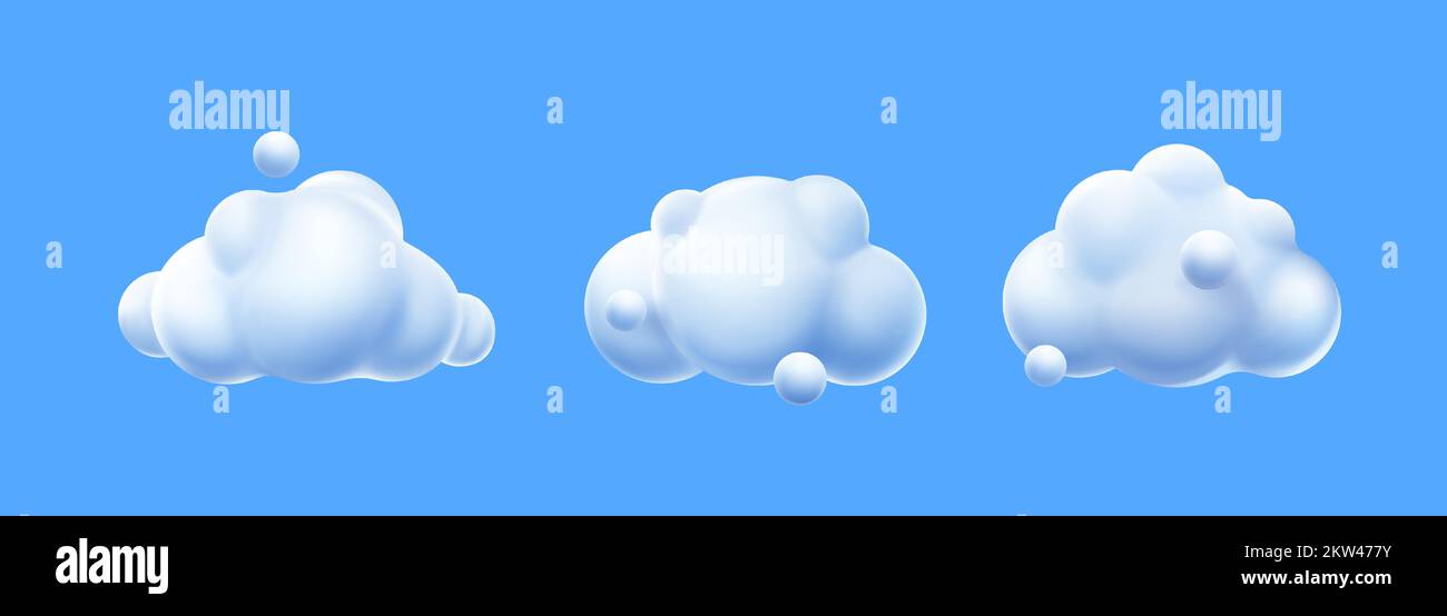 3d render white clouds, cute fluffy spindrift rounded cumulus eddies. Flying weather and nature design elements balloons isolated on blue background, illustration in cartoon plastic style, icons Stock Vector