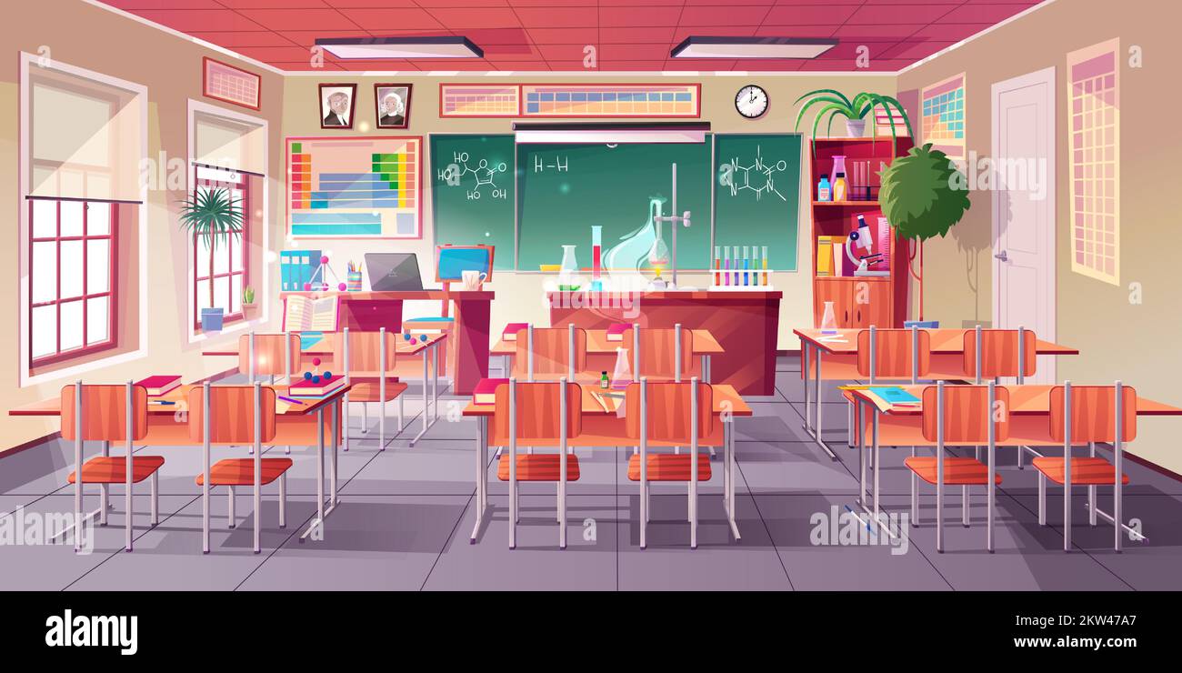 Chemistry cabinet, classroom laboratory interior with chemical formula on blackboard, beakers for experiments, student and teacher desks. Educational empty school room, cartoon vector illustration Stock Vector