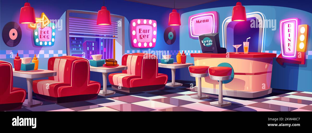 Fast food retro cafe night interior with tables, cashier desk with high chairs, glowing menu and signboards. Cafeteria, fastfood restaurant in vintage style with city view, Cartoon vector illustration Stock Vector