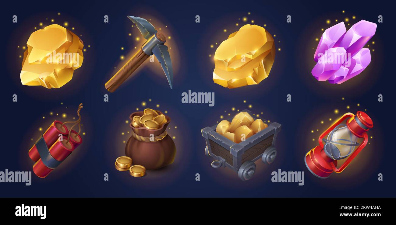 Game mining props icons dynamite, golden coins in sack, pickaxe and pink crystals, trolley with gold ingots and lantern gui design elements. Game assets, mine items Isolated cartoon 3d vector set Stock Vector