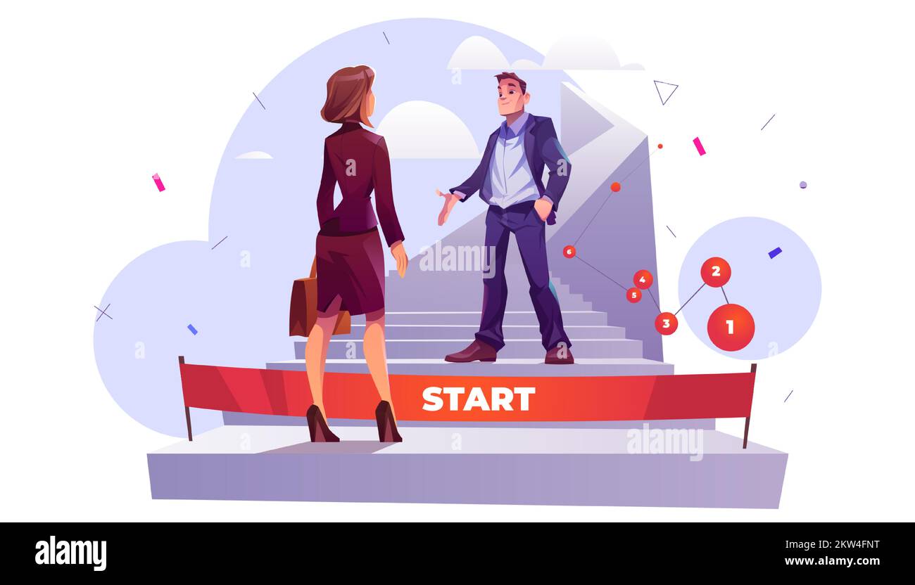 Women career development, personal growth and equal job opportunities concept with businesswoman stand at start line downstairs and man inviting her to ascend the ladder, Cartoon vector illustration Stock Vector