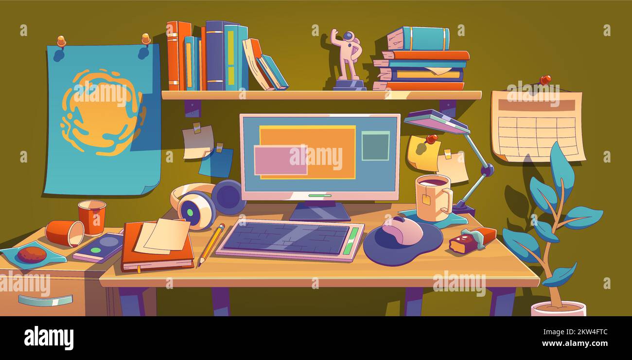 Home or office workplace with desk, computer and books on shelf. Student room interior with table, monitor, keyboard, lamp, paper notes and tea cup, vector illustration in contemporary style Stock Vector